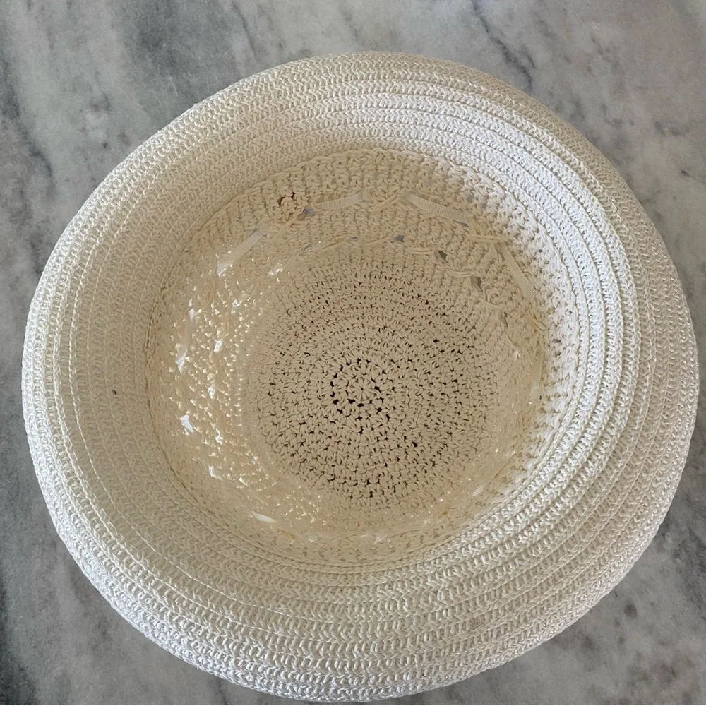 Creamy Winter White Straw Hat Summer Sun Hat Trimmed Ribbon